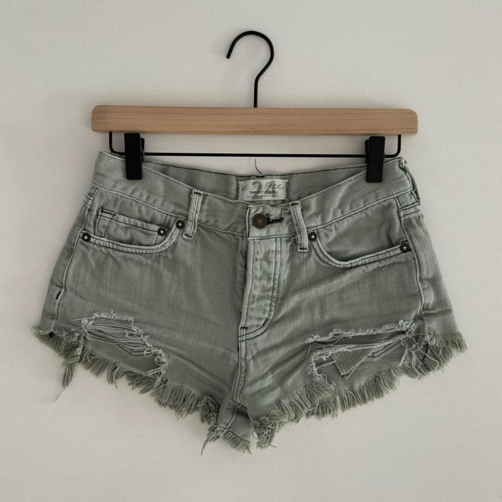 We The Free Green Jean Shorts Distressed Cut-Off